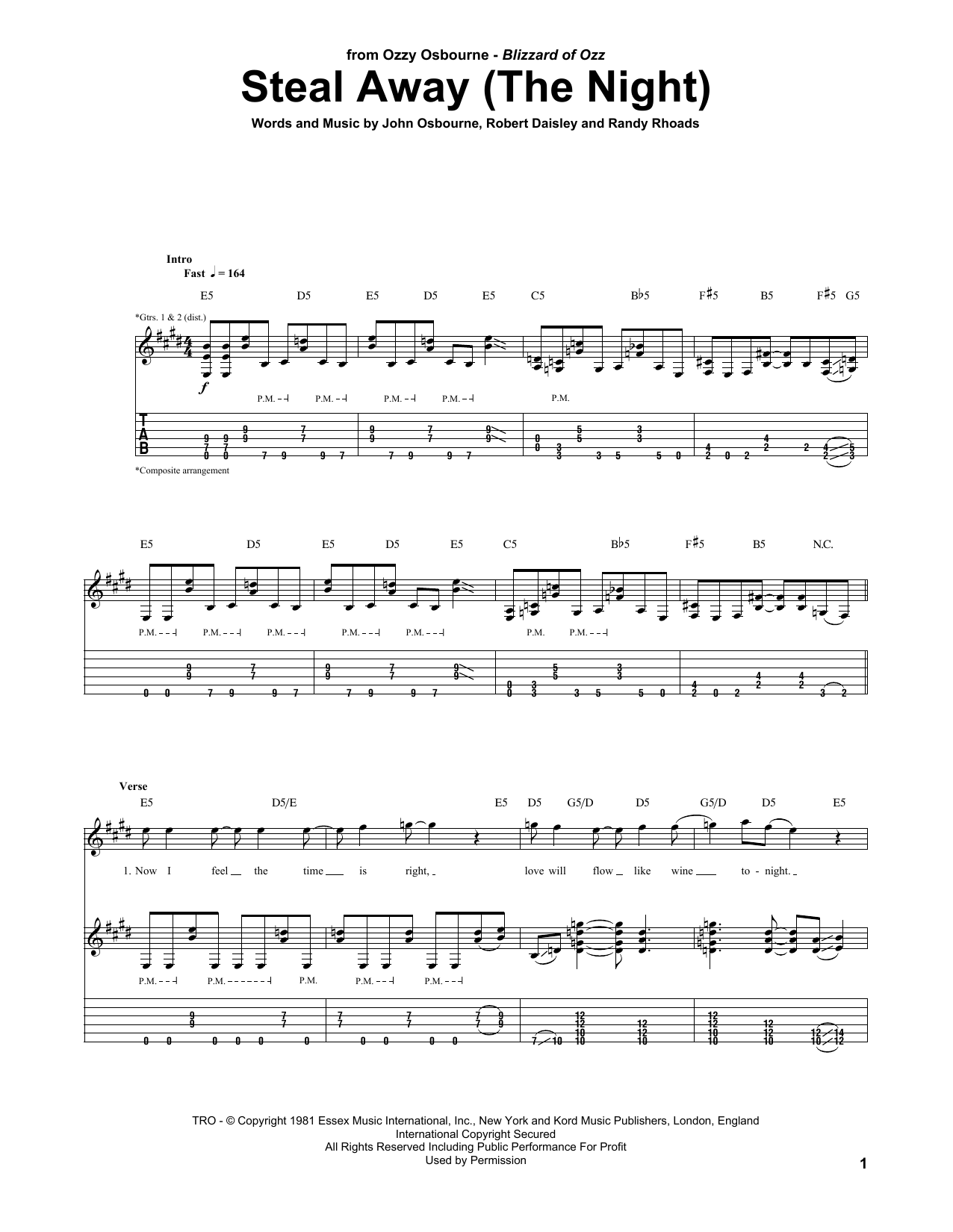 Ozzy Osbourne Steal Away (The Night) Sheet Music Notes & Chords for Guitar Tab - Download or Print PDF