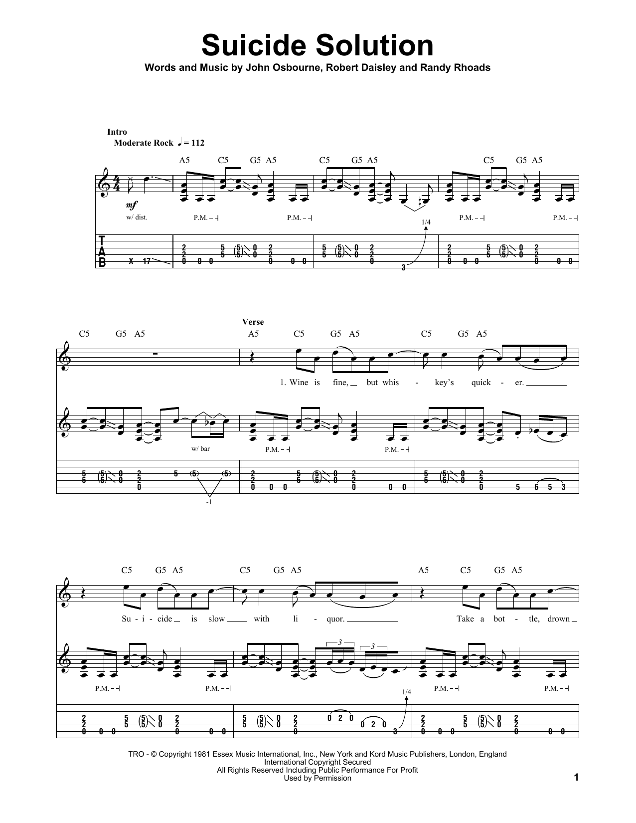 Ozzy Osbourne Suicide Solution Sheet Music Notes & Chords for Guitar Tab (Single Guitar) - Download or Print PDF