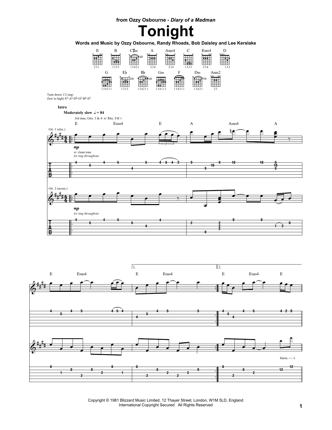 Ozzy Osbourne Tonight Sheet Music Notes & Chords for Guitar Tab - Download or Print PDF