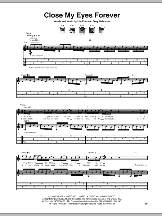 Ozzy Osbourne with Lita Ford Close My Eyes Forever Sheet Music Notes & Chords for Lyrics & Chords - Download or Print PDF