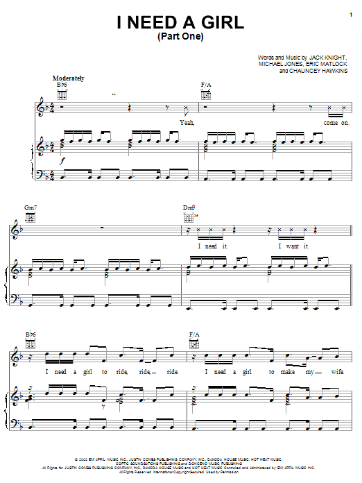 P. Diddy featuring Usher & Loon I Need A Girl (Part One) Sheet Music Notes & Chords for Piano, Vocal & Guitar (Right-Hand Melody) - Download or Print PDF