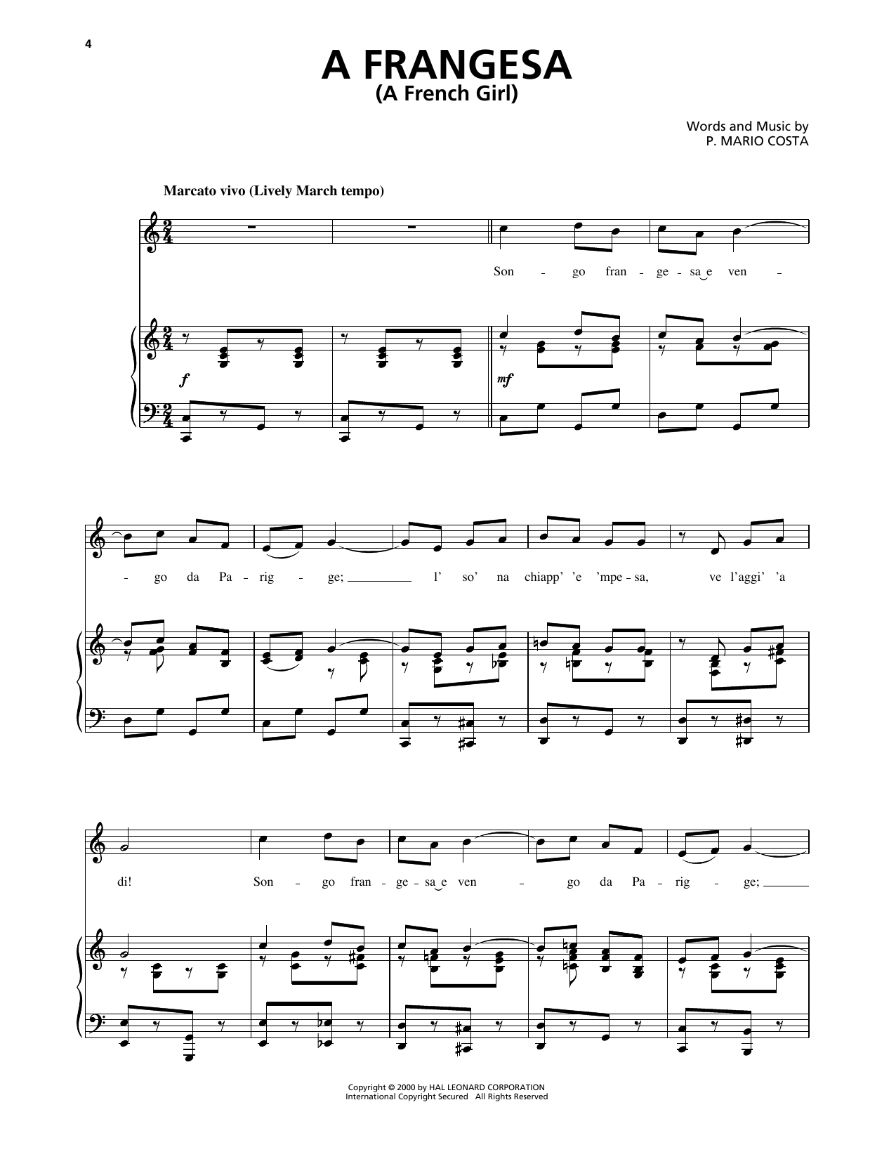 P. Mario Costa A Frangesa (A French Girl) Sheet Music Notes & Chords for Piano, Vocal & Guitar Chords (Right-Hand Melody) - Download or Print PDF
