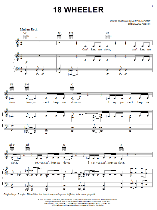 Pink 18 Wheeler Sheet Music Notes & Chords for Piano, Vocal & Guitar (Right-Hand Melody) - Download or Print PDF Pink 18 Wheeler Sheet Music Notes & Chords for Piano, Vocal & Guitar (Right-Hand Melody) - Download or Print PDF