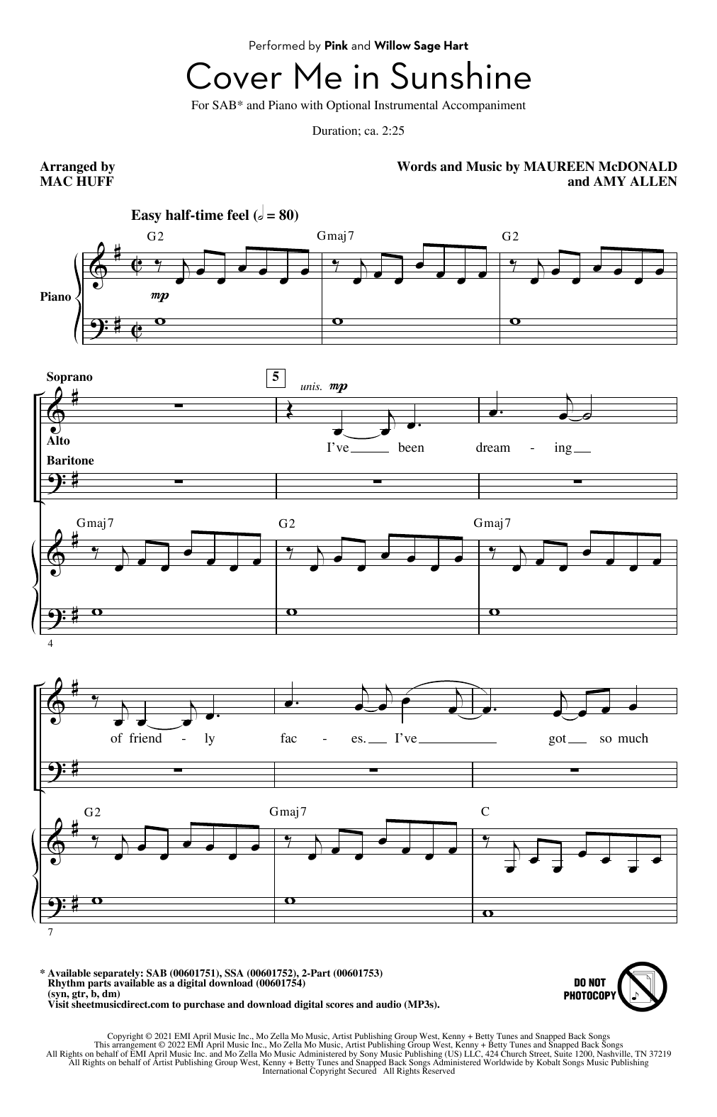 P!nk & Willow Sage Hart Cover Me In Sunshine (arr. Mac Huff) Sheet Music Notes & Chords for SAB Choir - Download or Print PDF