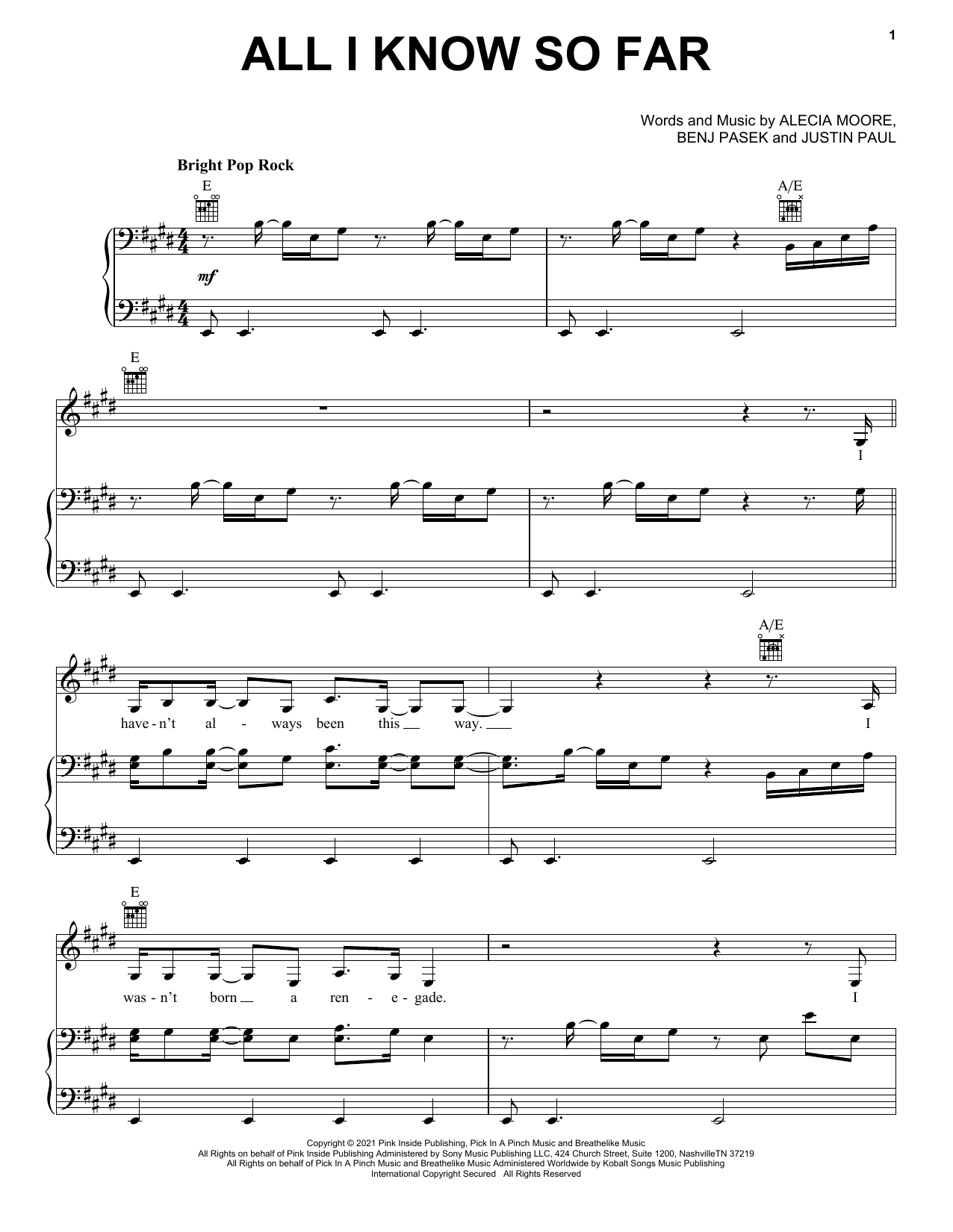 P!nk All I Know So Far Sheet Music Notes & Chords for Guitar Lead Sheet - Download or Print PDF