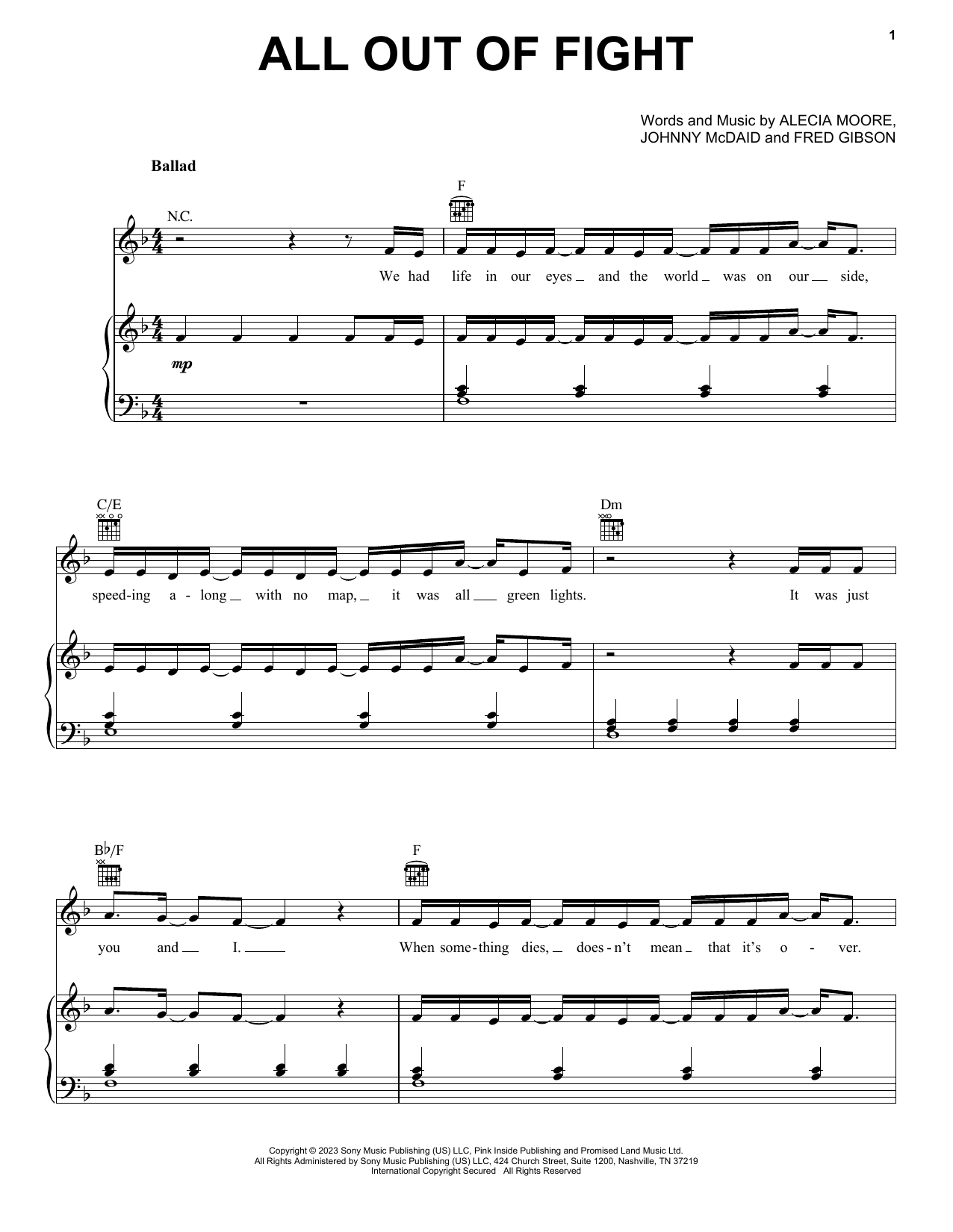P!nk All Out Of Fight Sheet Music Notes & Chords for Piano, Vocal & Guitar Chords (Right-Hand Melody) - Download or Print PDF