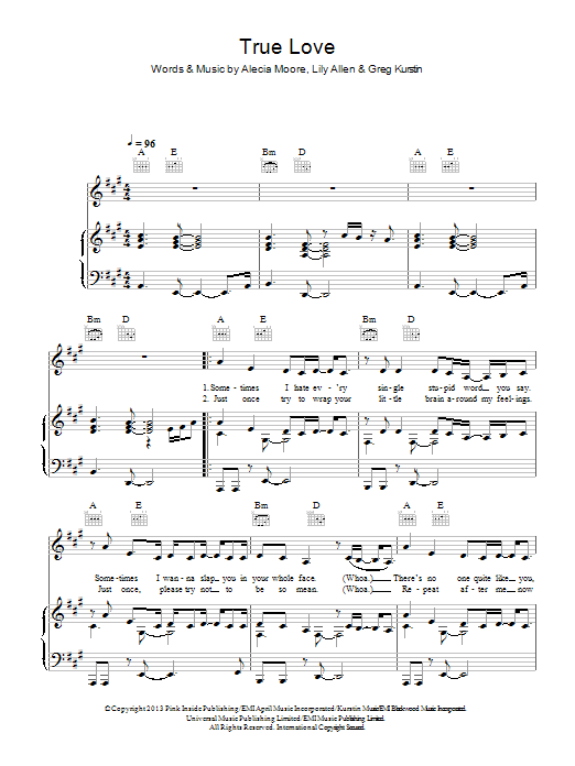 P!nk feat. Lily Allen True Love Sheet Music Notes & Chords for Piano, Vocal & Guitar (Right-Hand Melody) - Download or Print PDF