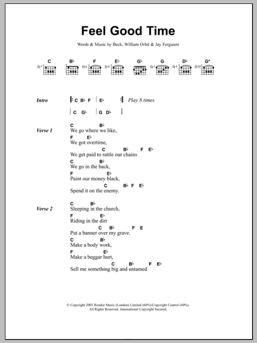 Pink Feel Good Time Sheet Music Notes & Chords for Piano, Vocal & Guitar (Right-Hand Melody) - Download or Print PDF