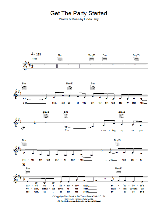 Pink Get The Party Started Sheet Music Notes & Chords for Melody Line, Lyrics & Chords - Download or Print PDF