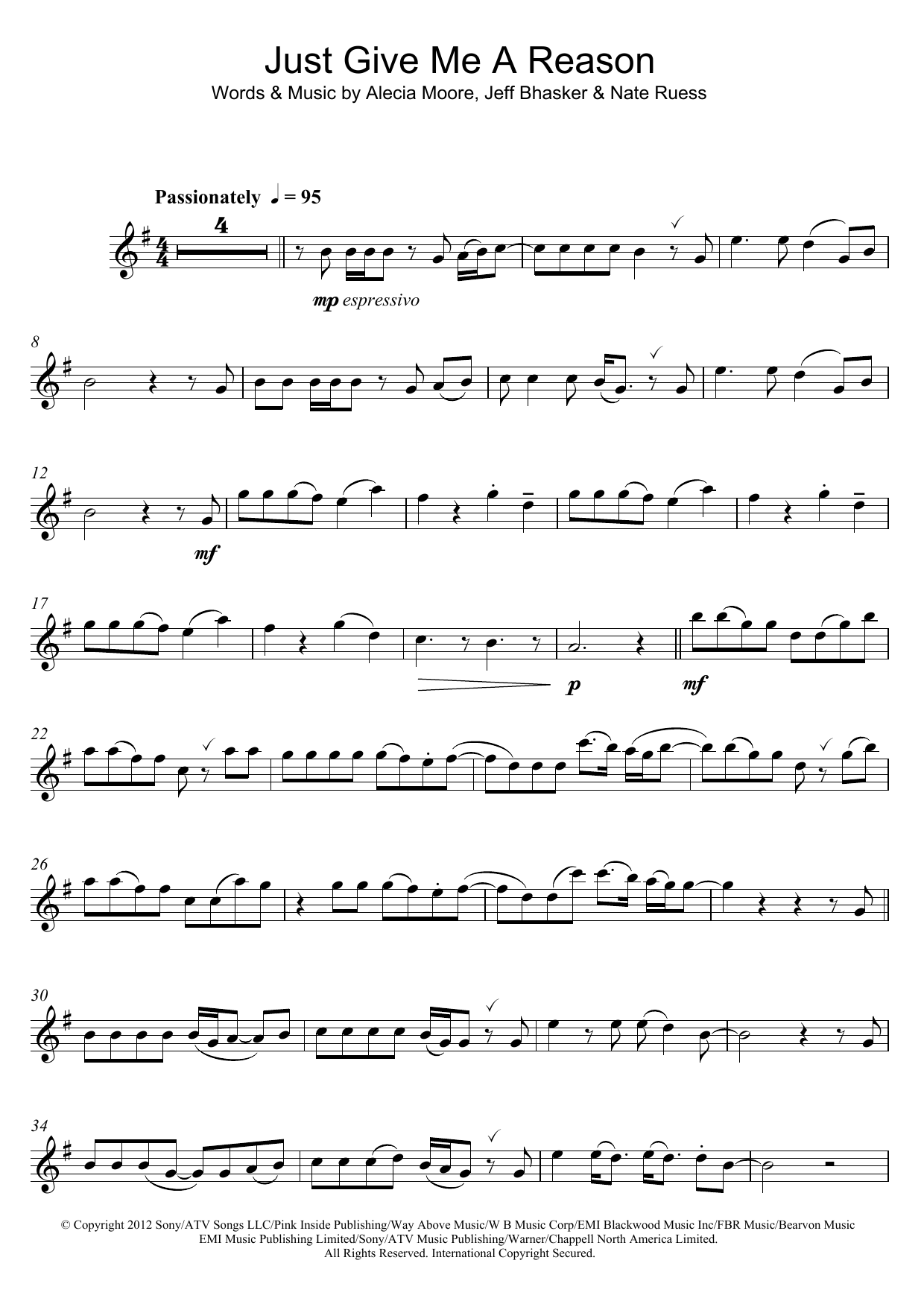 Pink Just Give Me A Reason (featuring Nate Ruess) Sheet Music Notes & Chords for Alto Saxophone - Download or Print PDF