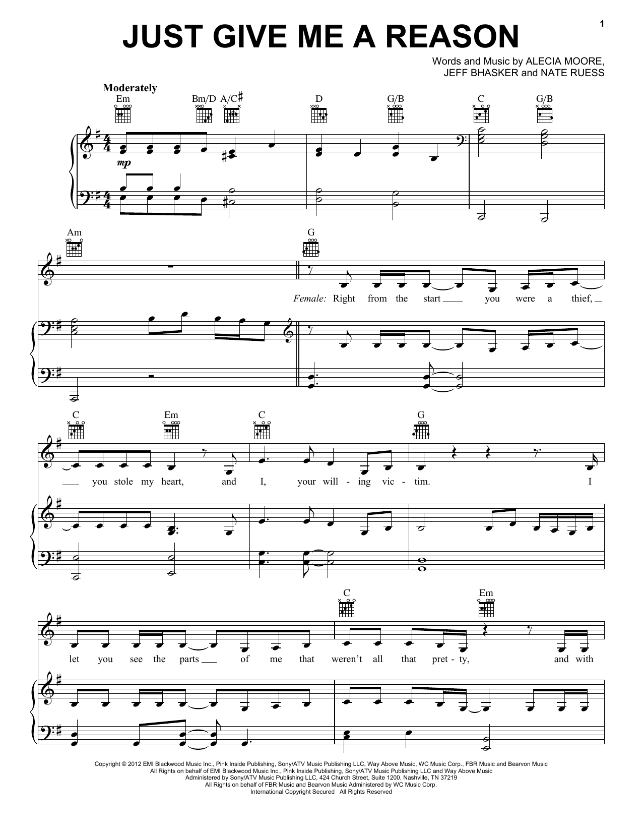 Pink Just Give Me A Reason Sheet Music Notes & Chords for Piano, Vocal & Guitar (Right-Hand Melody) - Download or Print PDF