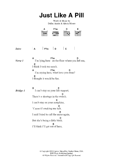 Pink Just Like A Pill Sheet Music Notes & Chords for Lyrics & Chords - Download or Print PDF