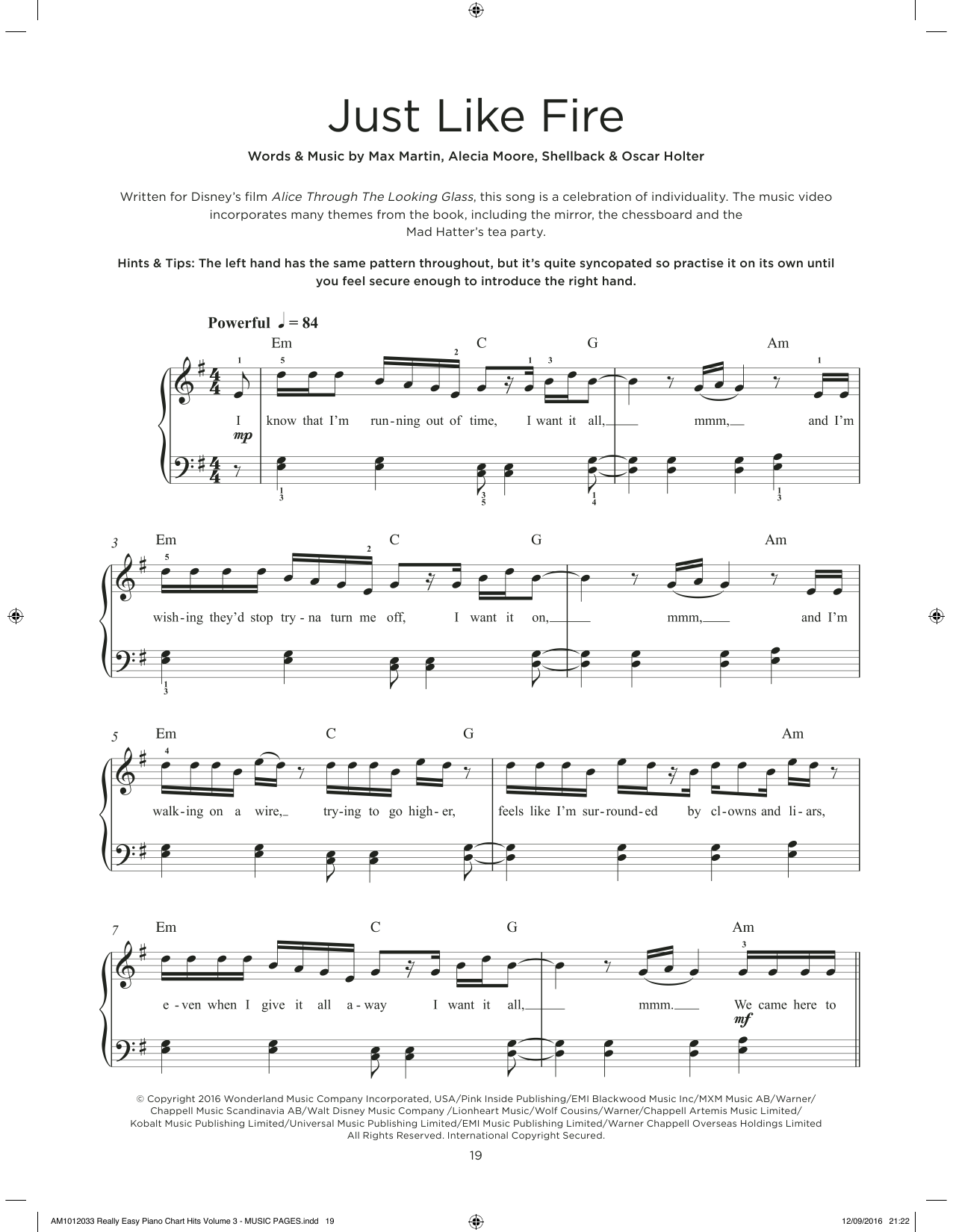 P!nk Just Like Fire (from Alice Through The Looking Glass) Sheet Music Notes & Chords for Really Easy Piano - Download or Print PDF