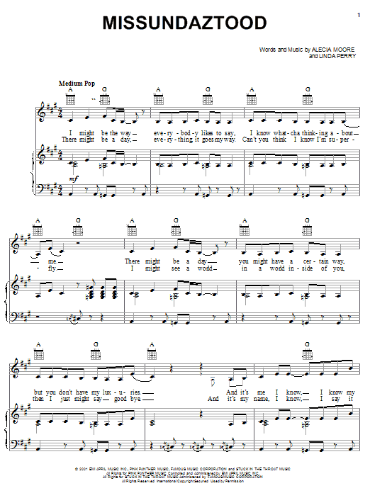 Pink Missundaztood Sheet Music Notes & Chords for Piano, Vocal & Guitar (Right-Hand Melody) - Download or Print PDF