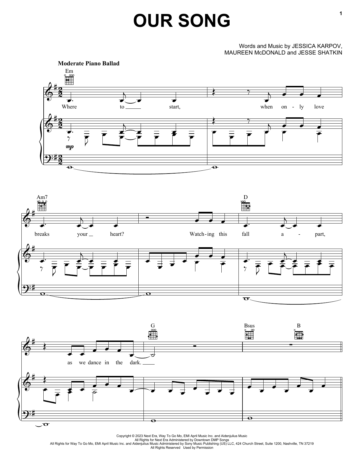 P!nk Our Song Sheet Music Notes & Chords for Piano, Vocal & Guitar Chords (Right-Hand Melody) - Download or Print PDF