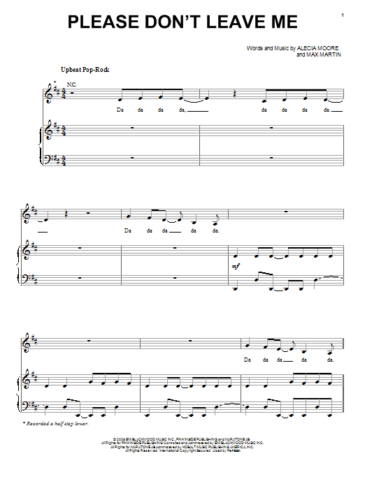 Pink Please Don't Leave Me Sheet Music Notes & Chords for Piano, Vocal & Guitar (Right-Hand Melody) - Download or Print PDF