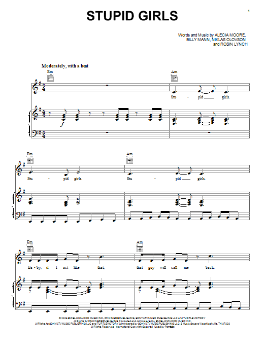 Pink Stupid Girls Sheet Music Notes & Chords for Piano, Vocal & Guitar (Right-Hand Melody) - Download or Print PDF