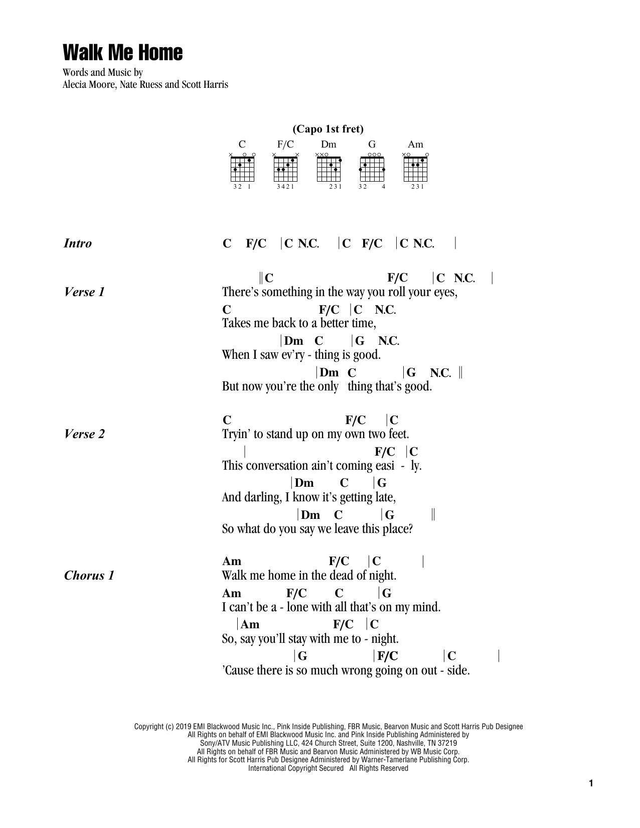 Pink Walk Me Home Sheet Music Notes & Chords for Guitar Chords/Lyrics - Download or Print PDF