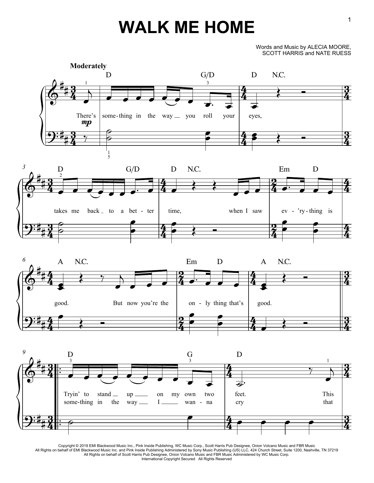 P!nk Walk Me Home Sheet Music Notes & Chords for Easy Piano - Download or Print PDF