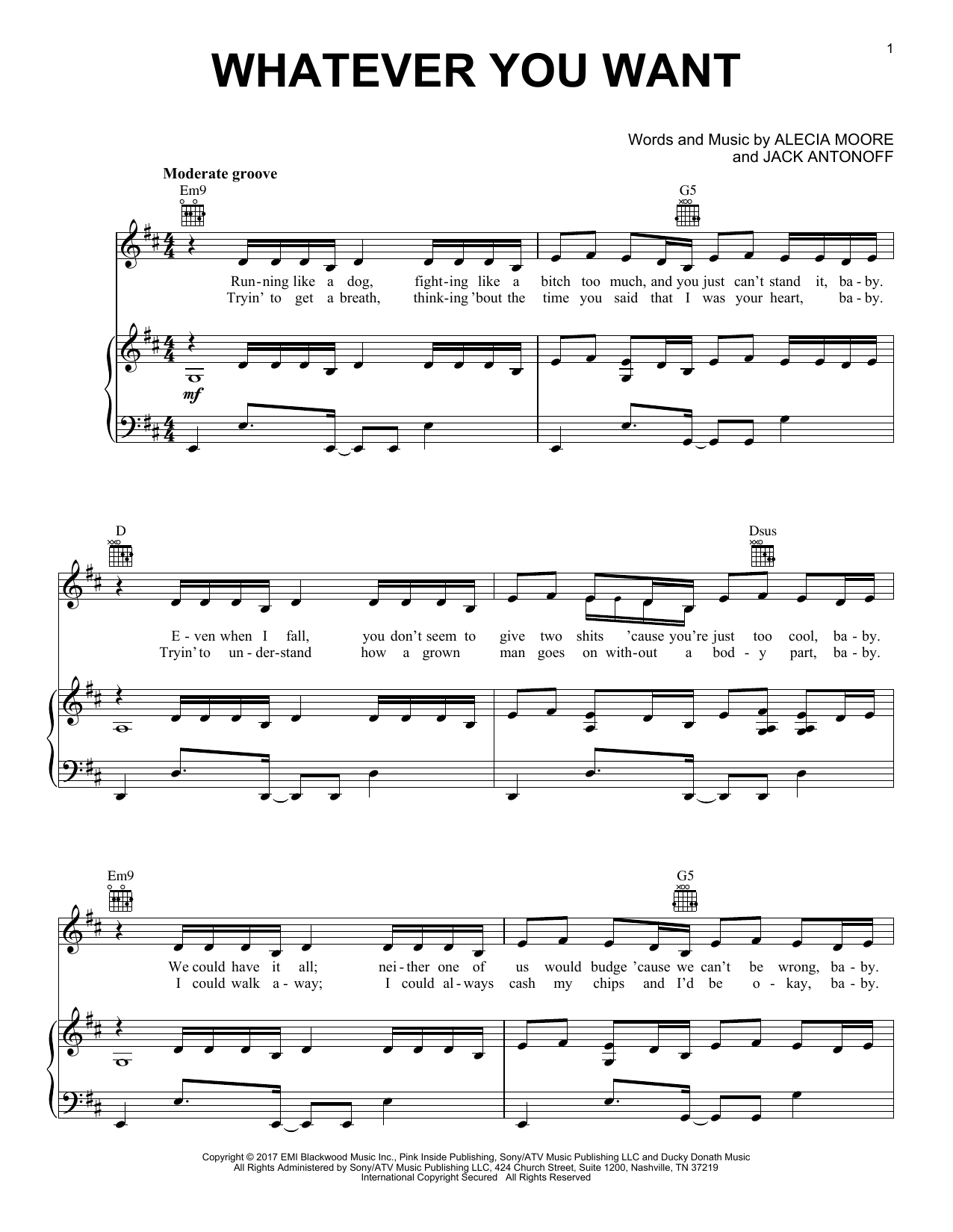 Pink Whatever You Want Sheet Music Notes & Chords for Piano, Vocal & Guitar (Right-Hand Melody) - Download or Print PDF