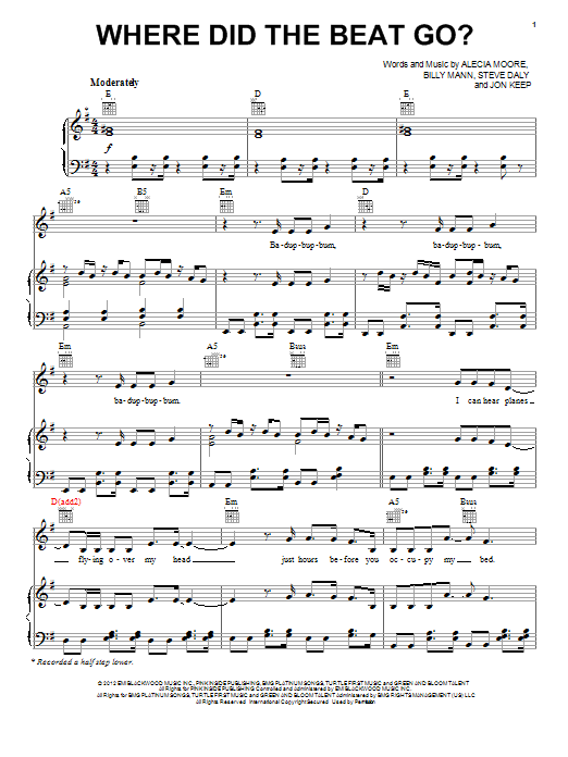 Pink Where Did The Beat Go? Sheet Music Notes & Chords for Piano, Vocal & Guitar (Right-Hand Melody) - Download or Print PDF Pink Where Did The Beat Go? Sheet Music Notes & Chords for Piano, Vocal & Guitar (Right-Hand Melody) - Download or Print PDF