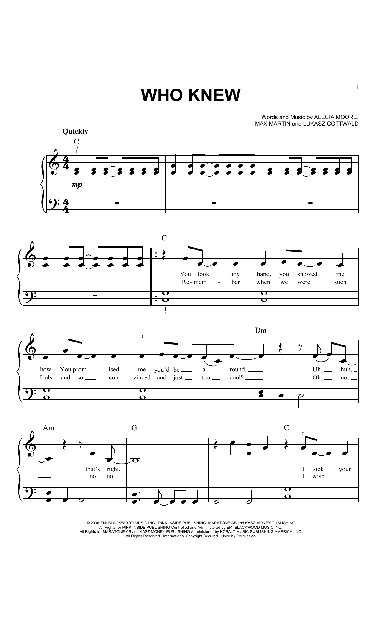 Pink Who Knew Sheet Music Notes & Chords for Easy Piano - Download or Print PDF