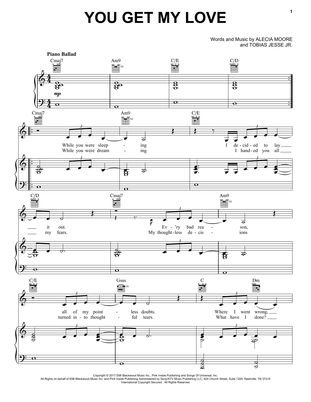 Pink You Get My Love Sheet Music Notes & Chords for Piano, Vocal & Guitar (Right-Hand Melody) - Download or Print PDF