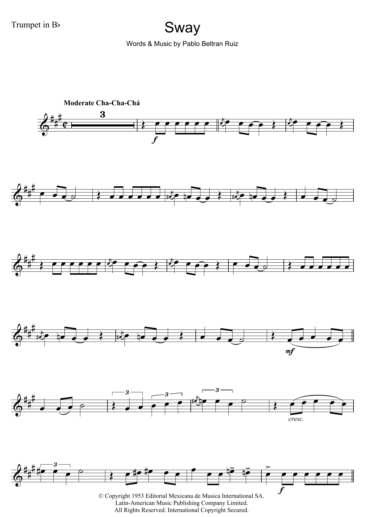 Pablo Beltran Ruiz Sway (Quien Sera) Sheet Music Notes & Chords for Trumpet - Download or Print PDF