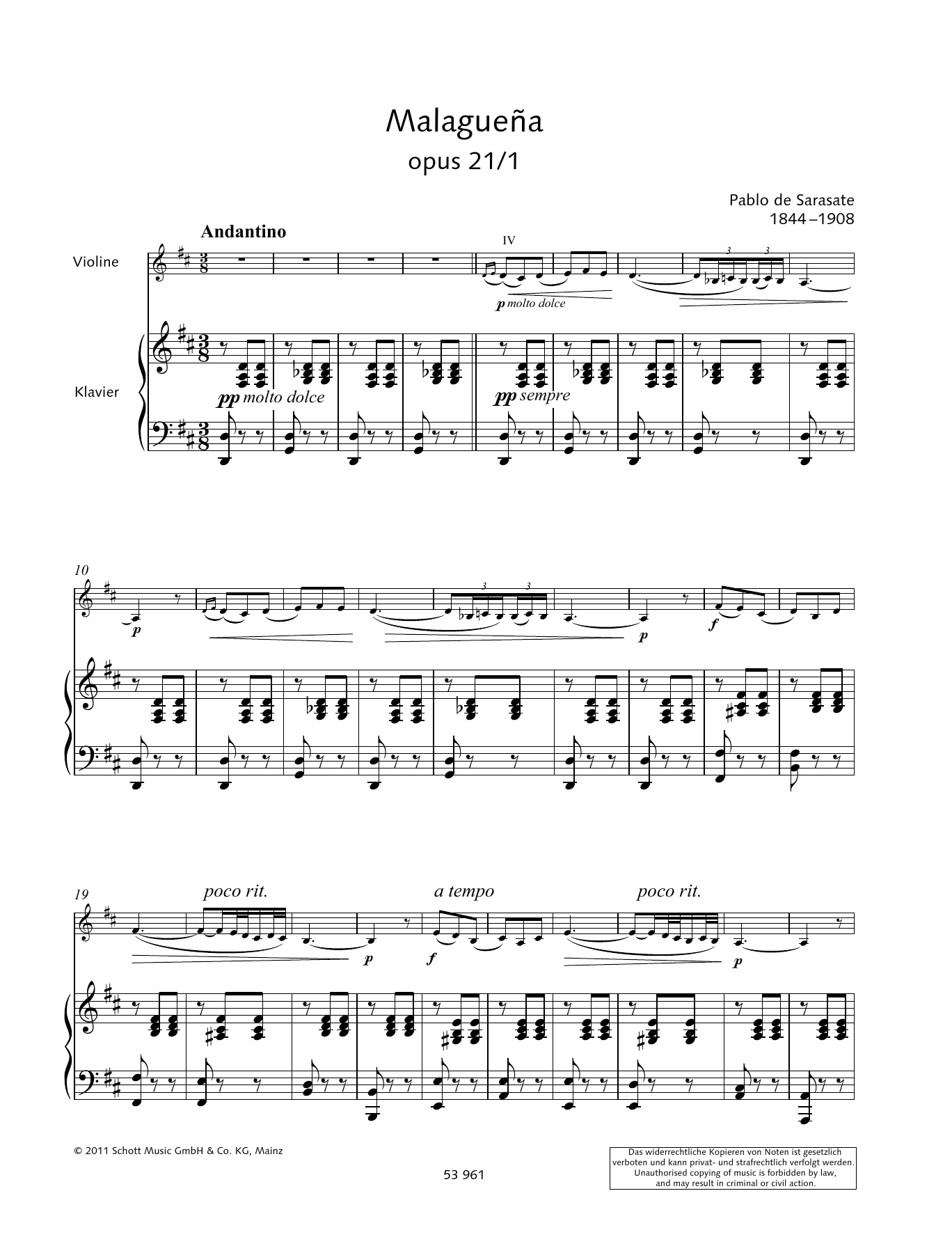 Pablo De Sarasate Malaguena Sheet Music Notes & Chords for String Solo - Download or Print PDF