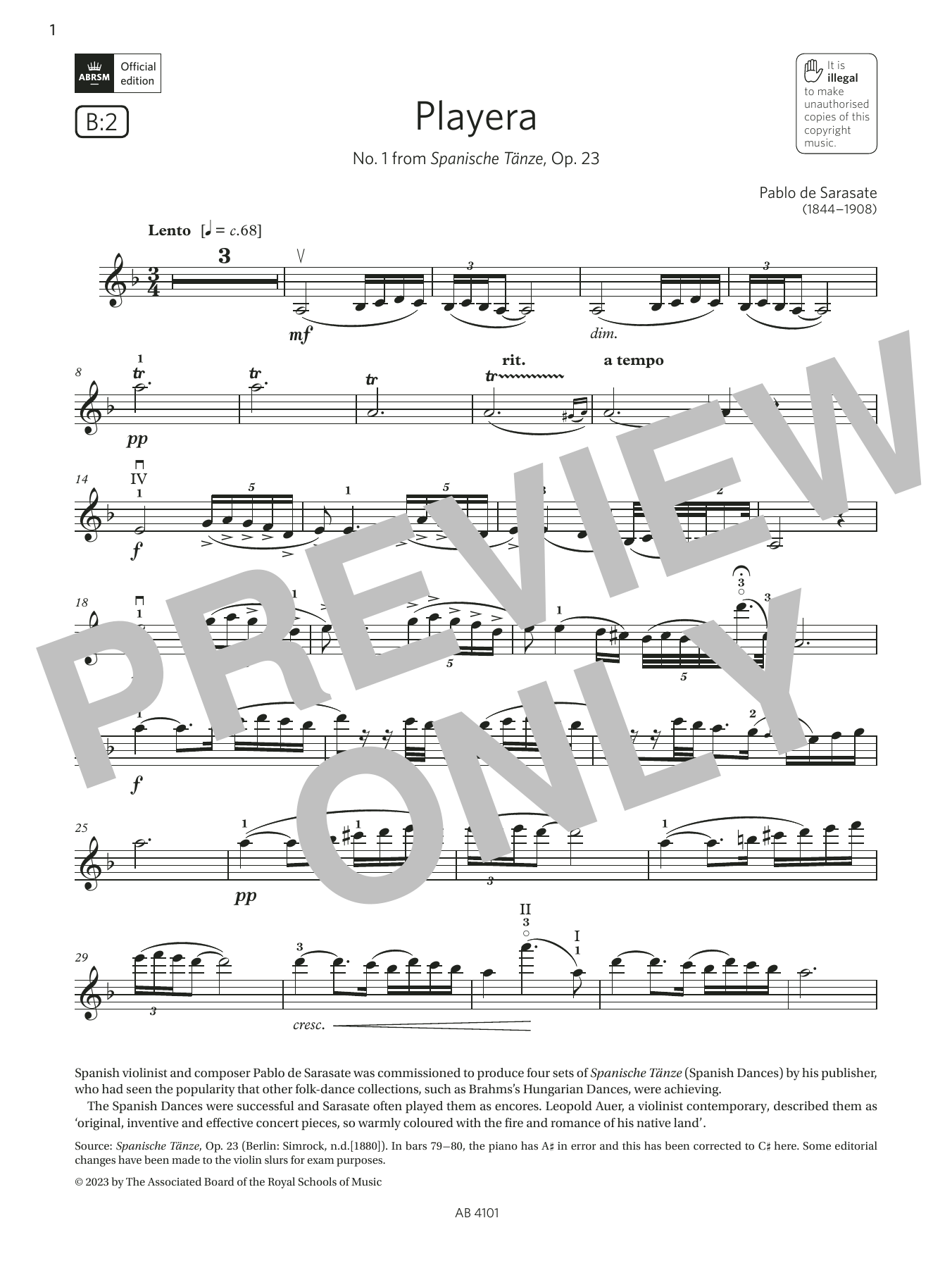 Pablo De Sarasate Playera (Grade 7, B2, from the ABRSM Violin Syllabus from 2024) Sheet Music Notes & Chords for Violin Solo - Download or Print PDF