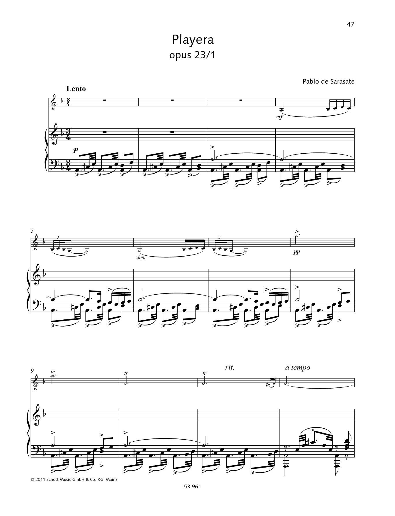 Pablo De Sarasate Playera Sheet Music Notes & Chords for String Solo - Download or Print PDF