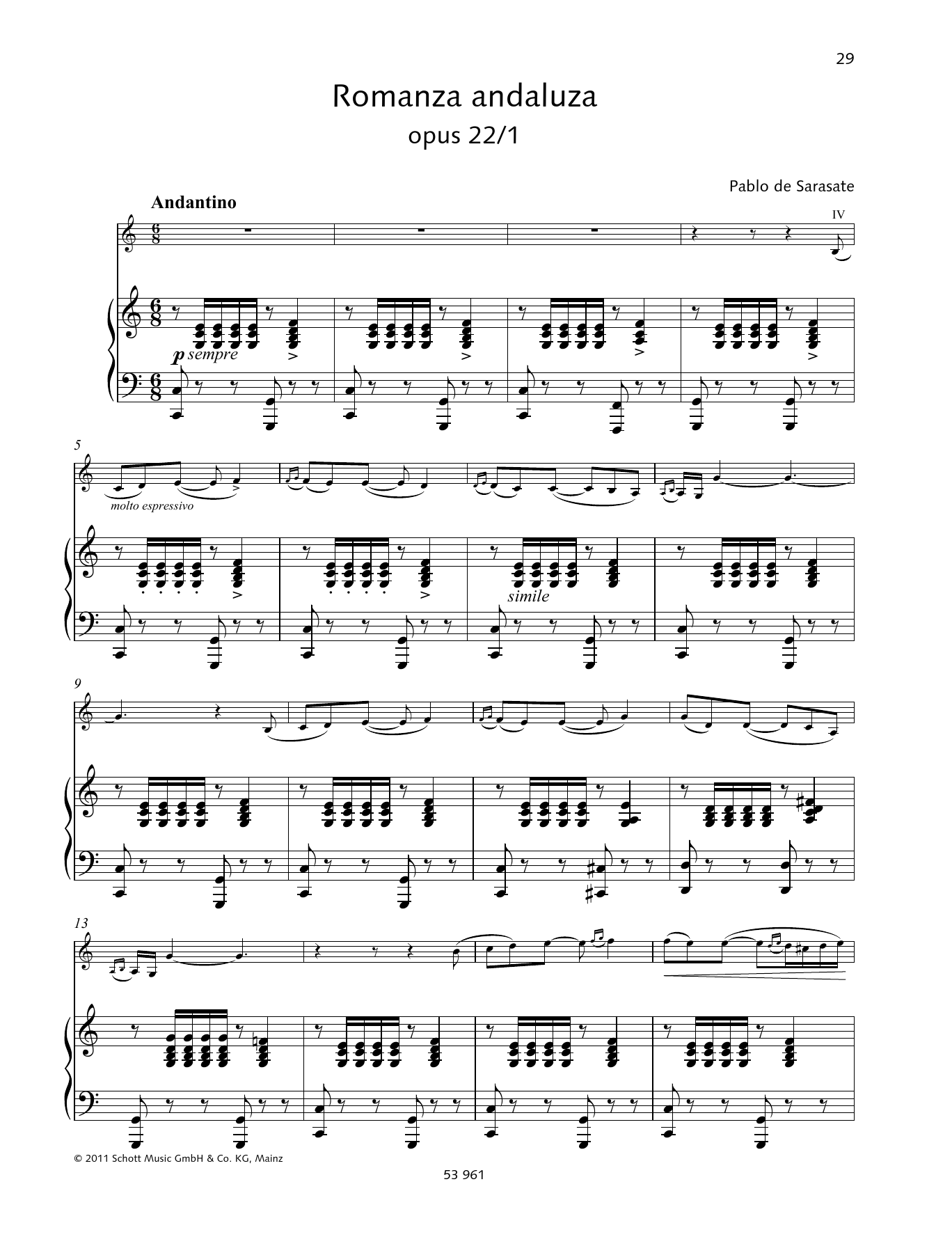 Pablo De Sarasate Romanza andaluza Sheet Music Notes & Chords for String Solo - Download or Print PDF