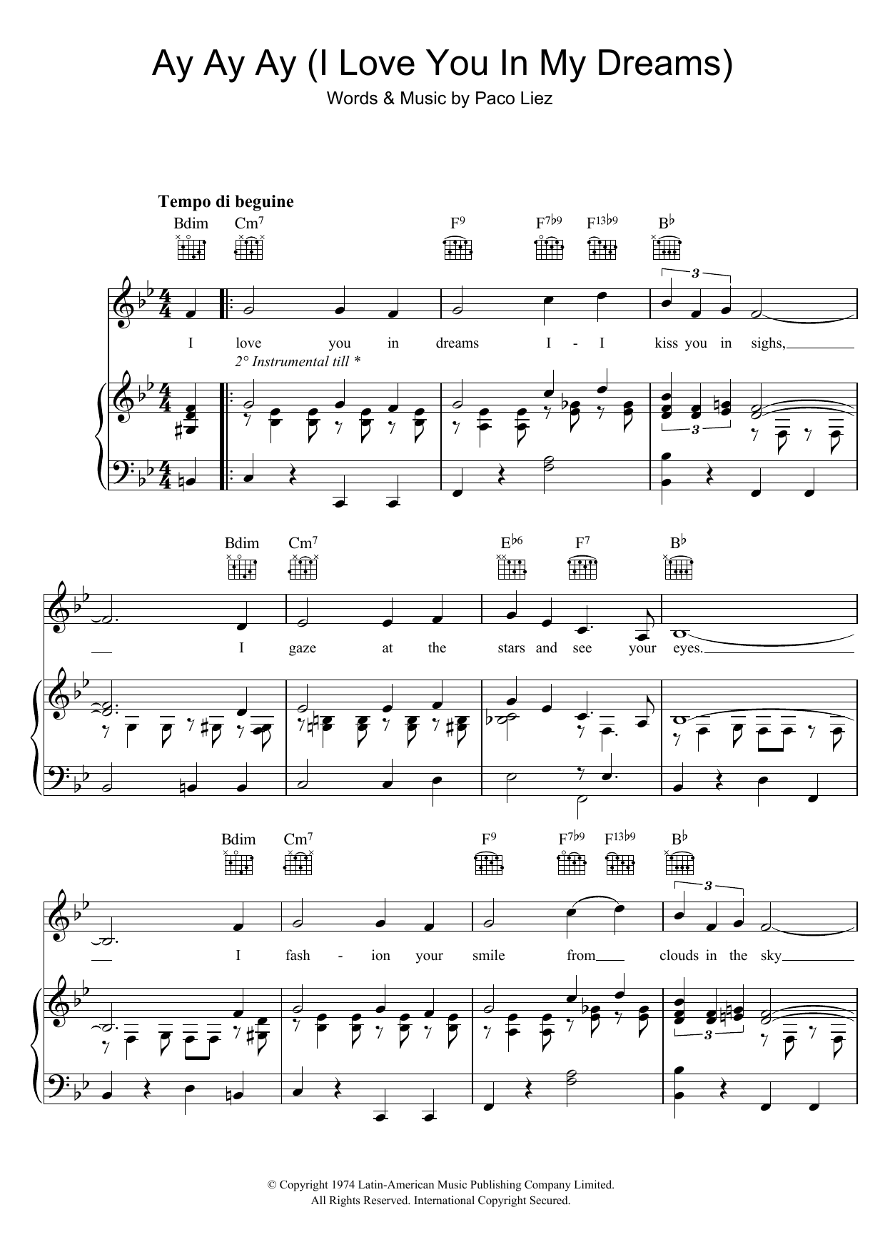 Paco Liez Ay Ay Ay (I Love You In My Dreams) Sheet Music Notes & Chords for Piano, Vocal & Guitar (Right-Hand Melody) - Download or Print PDF