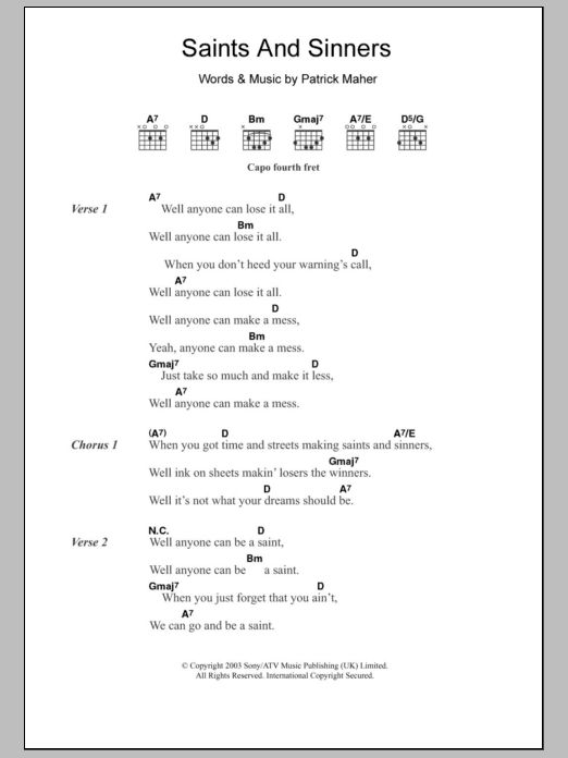 Paddy Casey Saints And Sinners Sheet Music Notes & Chords for Lyrics & Chords - Download or Print PDF