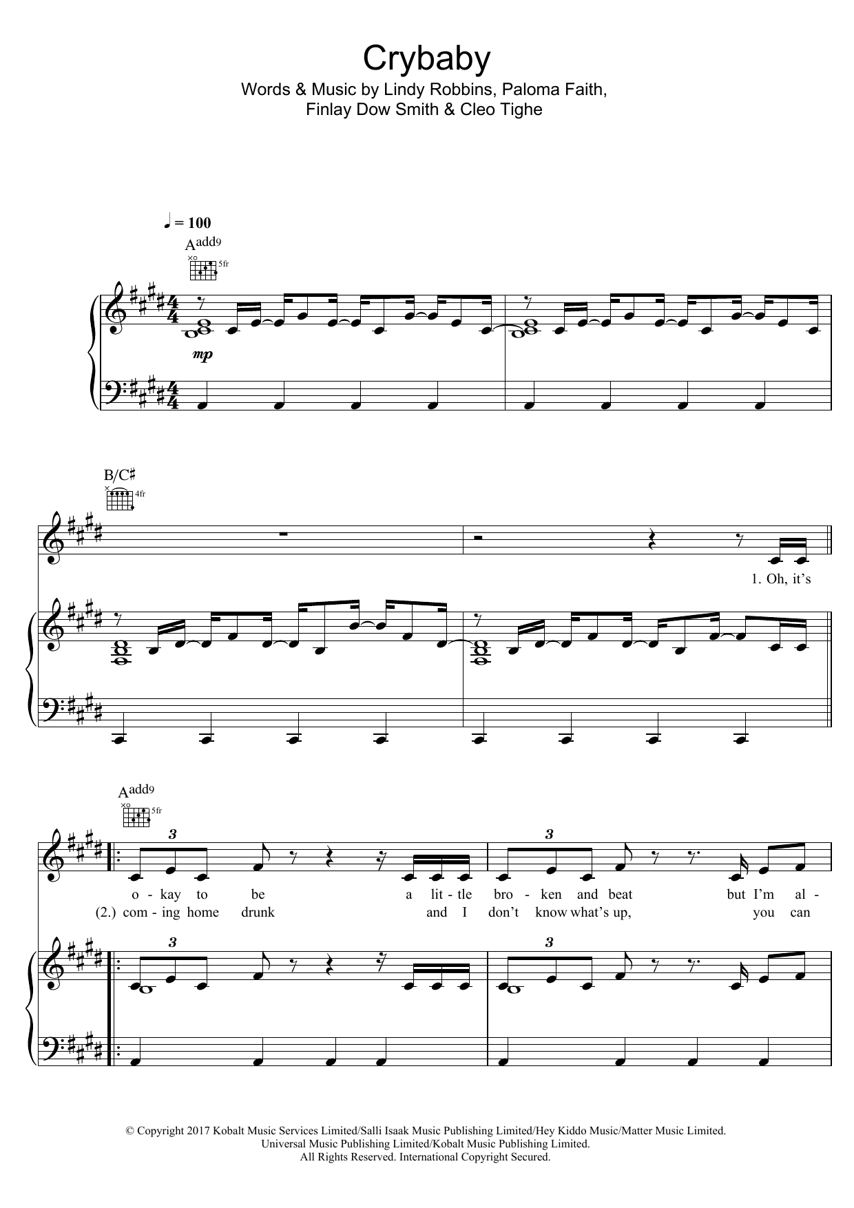 Paloma Faith Crybaby Sheet Music Notes & Chords for Piano, Vocal & Guitar (Right-Hand Melody) - Download or Print PDF