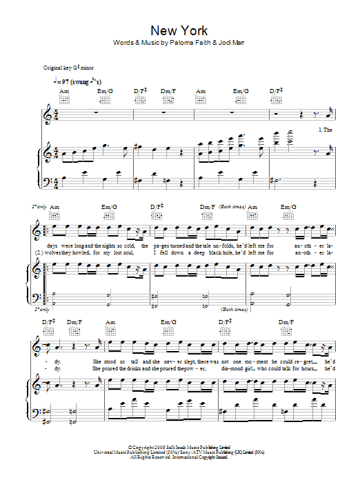 Paloma Faith New York Sheet Music Notes & Chords for Piano, Vocal & Guitar (Right-Hand Melody) - Download or Print PDF