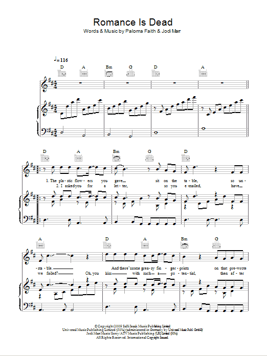Paloma Faith Romance Is Dead Sheet Music Notes & Chords for Piano, Vocal & Guitar (Right-Hand Melody) - Download or Print PDF
