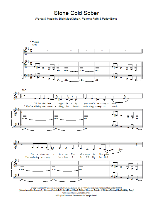 Paloma Faith Stone Cold Sober Sheet Music Notes & Chords for Piano, Vocal & Guitar - Download or Print PDF