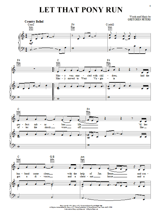 Pam Tillis Let That Pony Run Sheet Music Notes & Chords for Piano, Vocal & Guitar (Right-Hand Melody) - Download or Print PDF