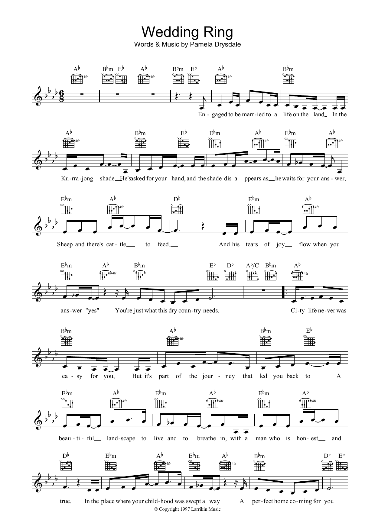 Pamela Drysdale Wedding Ring Sheet Music Notes & Chords for Melody Line, Lyrics & Chords - Download or Print PDF