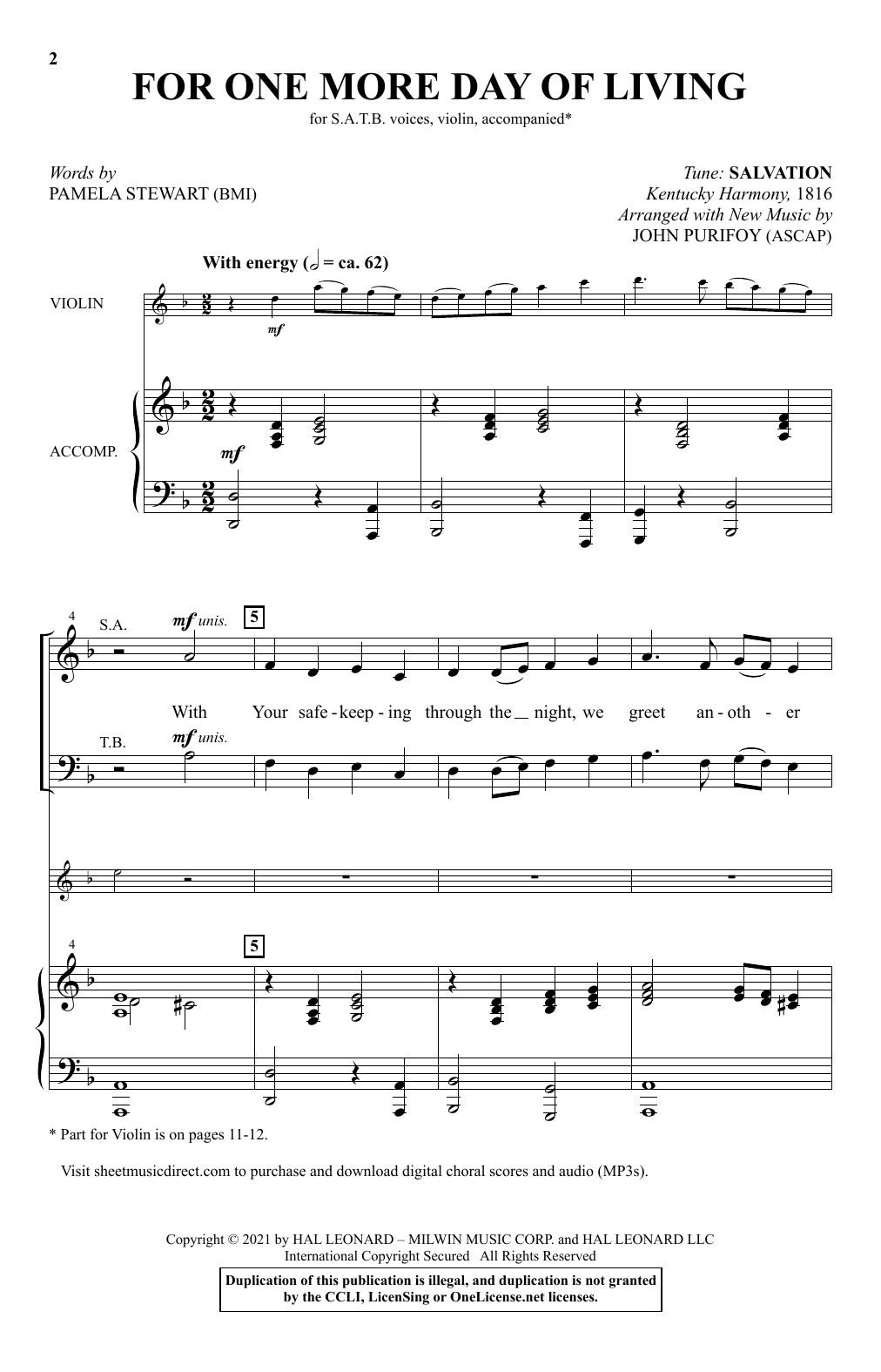 Pamela Stewart For One More Day Of Living (arr. John Purifoy) Sheet Music Notes & Chords for SATB Choir - Download or Print PDF