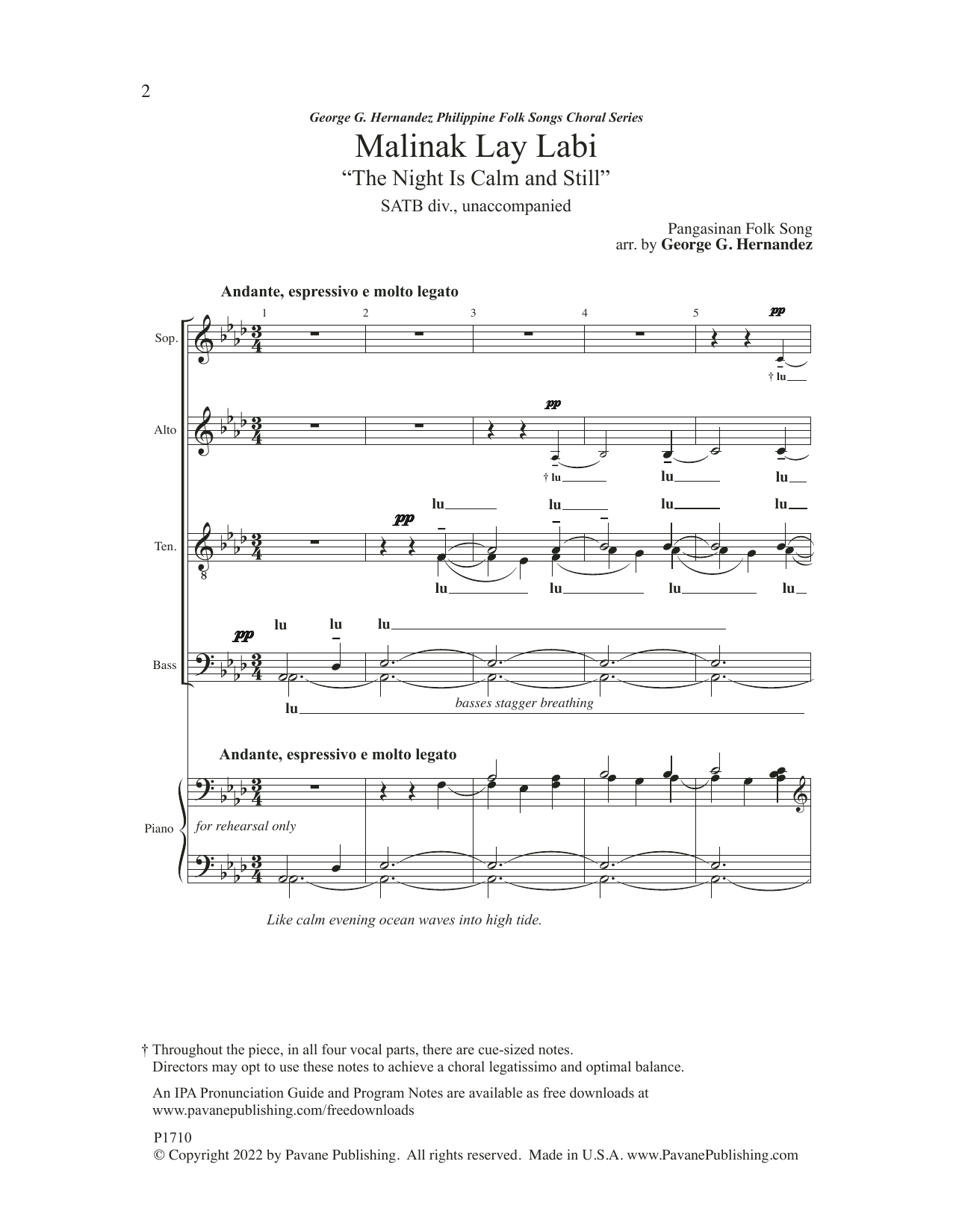 Pangasinan Folk Song Malinak Lay Labi (The Night Is Calm And Still) (arr. George G. Hernandez) Sheet Music Notes & Chords for Choir - Download or Print PDF