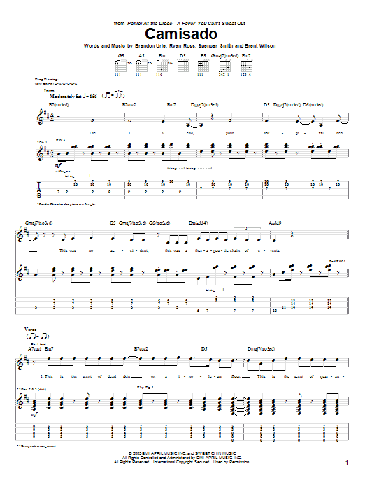 Panic! At The Disco Camisado Sheet Music Notes & Chords for Guitar Tab - Download or Print PDF