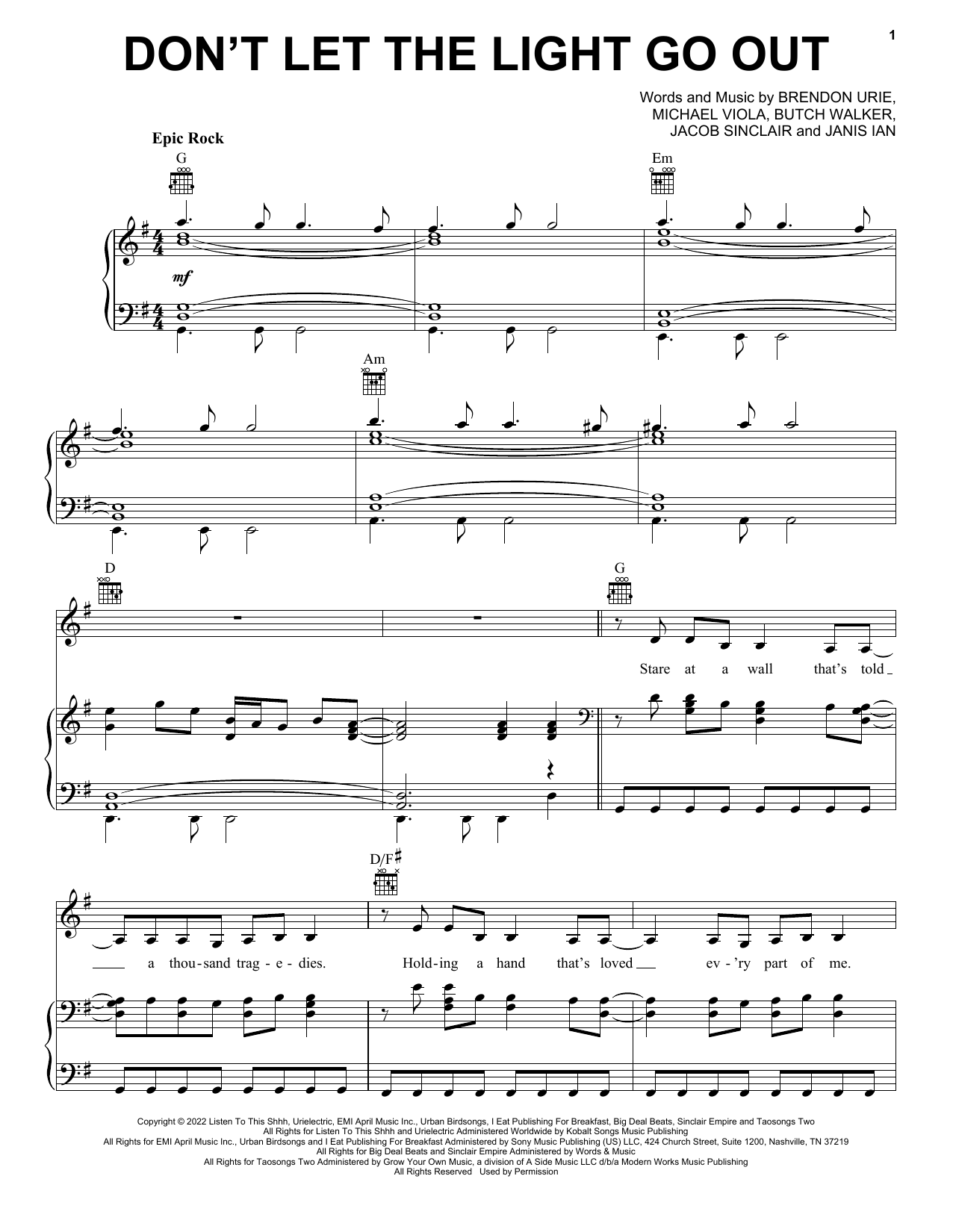 Panic! At The Disco Don't Let The Light Go Out Sheet Music Notes & Chords for Piano, Vocal & Guitar Chords (Right-Hand Melody) - Download or Print PDF