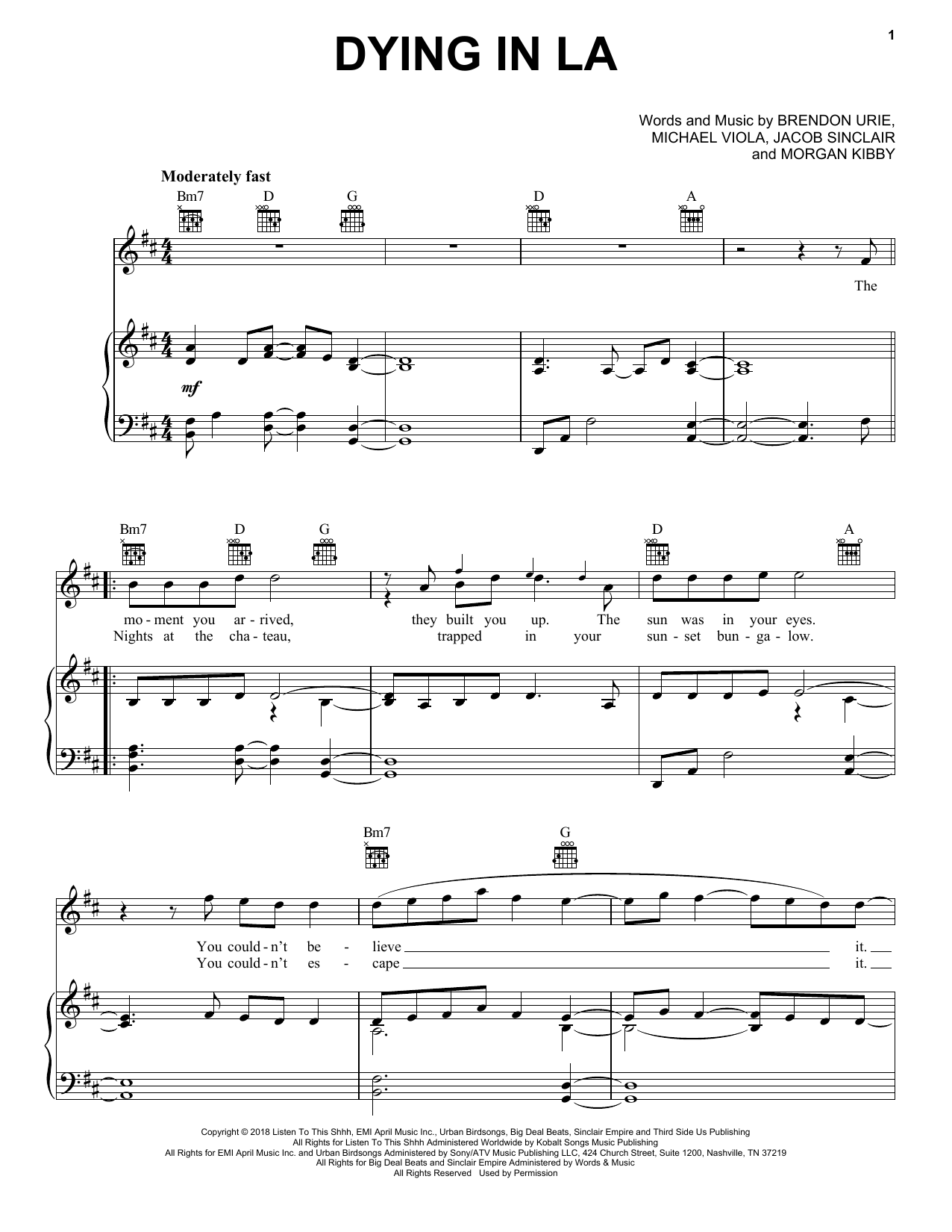 Panic! At The Disco Dying In LA Sheet Music Notes & Chords for Piano, Vocal & Guitar (Right-Hand Melody) - Download or Print PDF