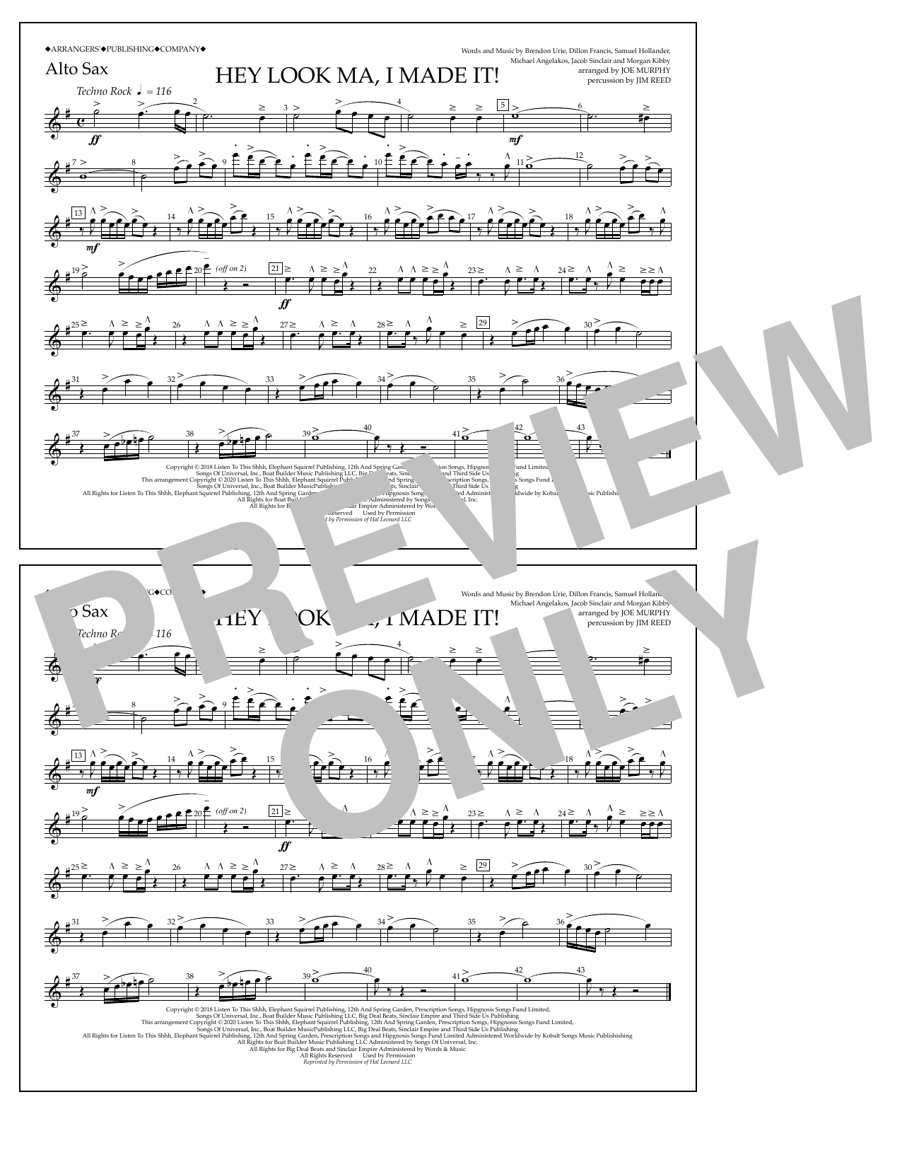 Panic! At The Disco Hey Look Ma, I Made It (arr. Joe Murphy) - Alto Sax Sheet Music Notes & Chords for Marching Band - Download or Print PDF