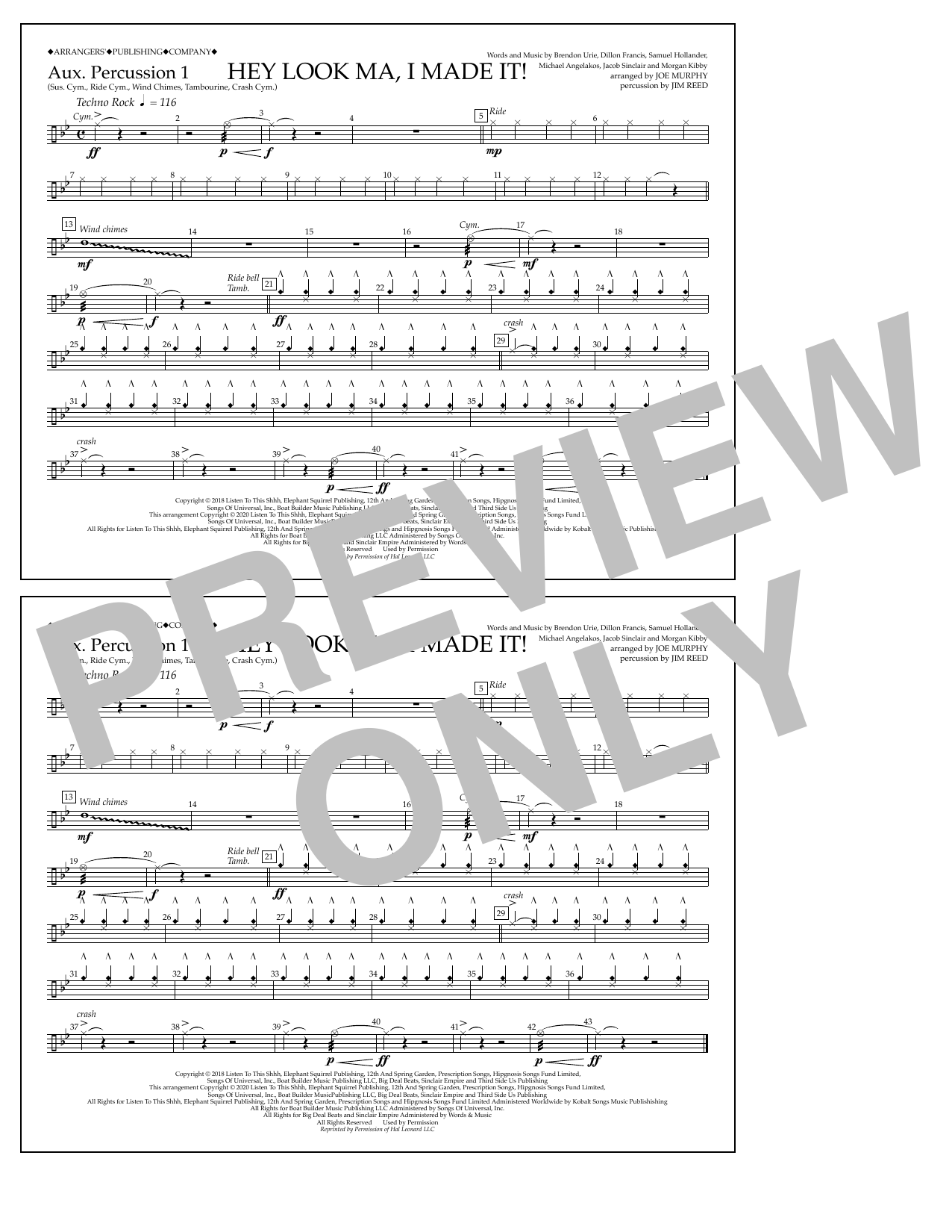 Panic! At The Disco Hey Look Ma, I Made It (arr. Joe Murphy) - Aux. Percussion 1 Sheet Music Notes & Chords for Marching Band - Download or Print PDF