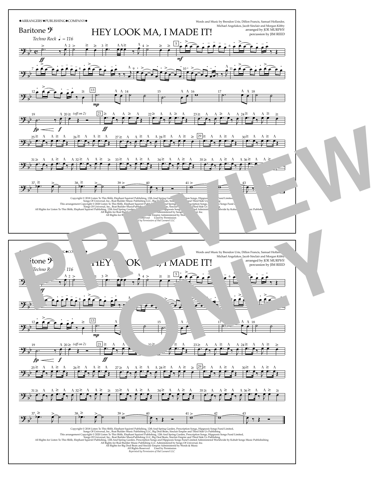Panic! At The Disco Hey Look Ma, I Made It (arr. Joe Murphy) - Baritone B.C. Sheet Music Notes & Chords for Marching Band - Download or Print PDF
