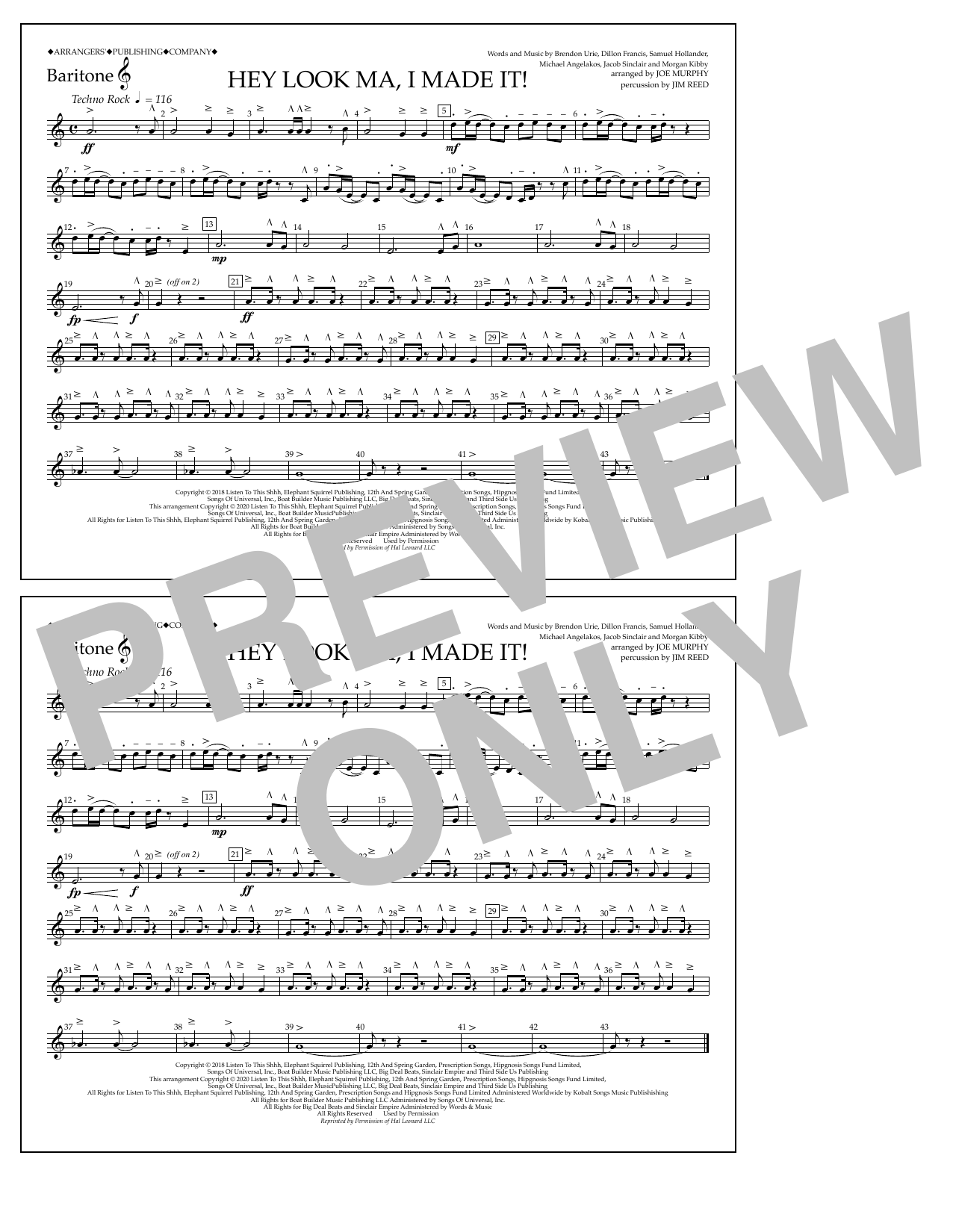 Panic! At The Disco Hey Look Ma, I Made It (arr. Joe Murphy) - Baritone T.C. Sheet Music Notes & Chords for Marching Band - Download or Print PDF