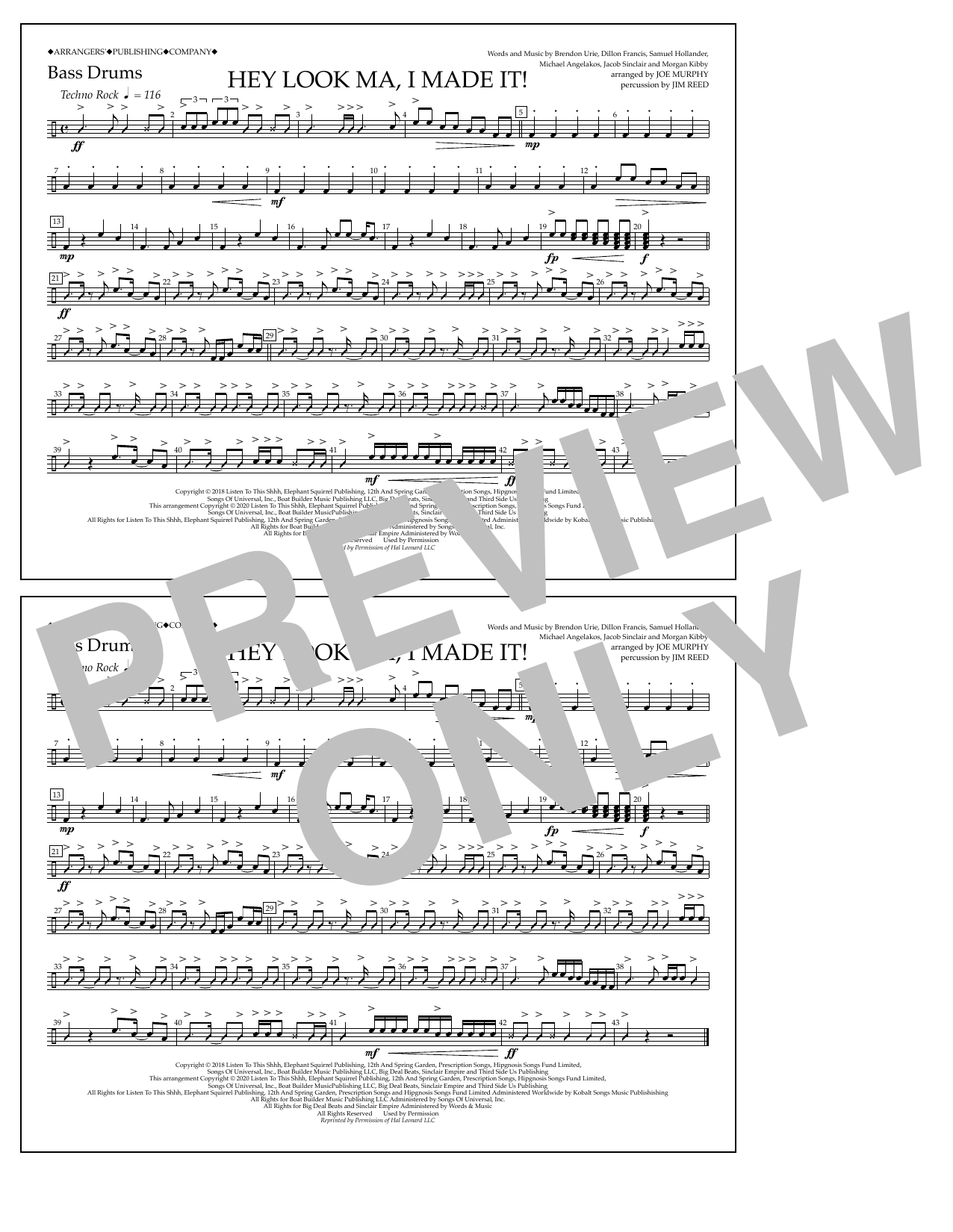 Panic! At The Disco Hey Look Ma, I Made It (arr. Joe Murphy) - Bass Drums Sheet Music Notes & Chords for Marching Band - Download or Print PDF